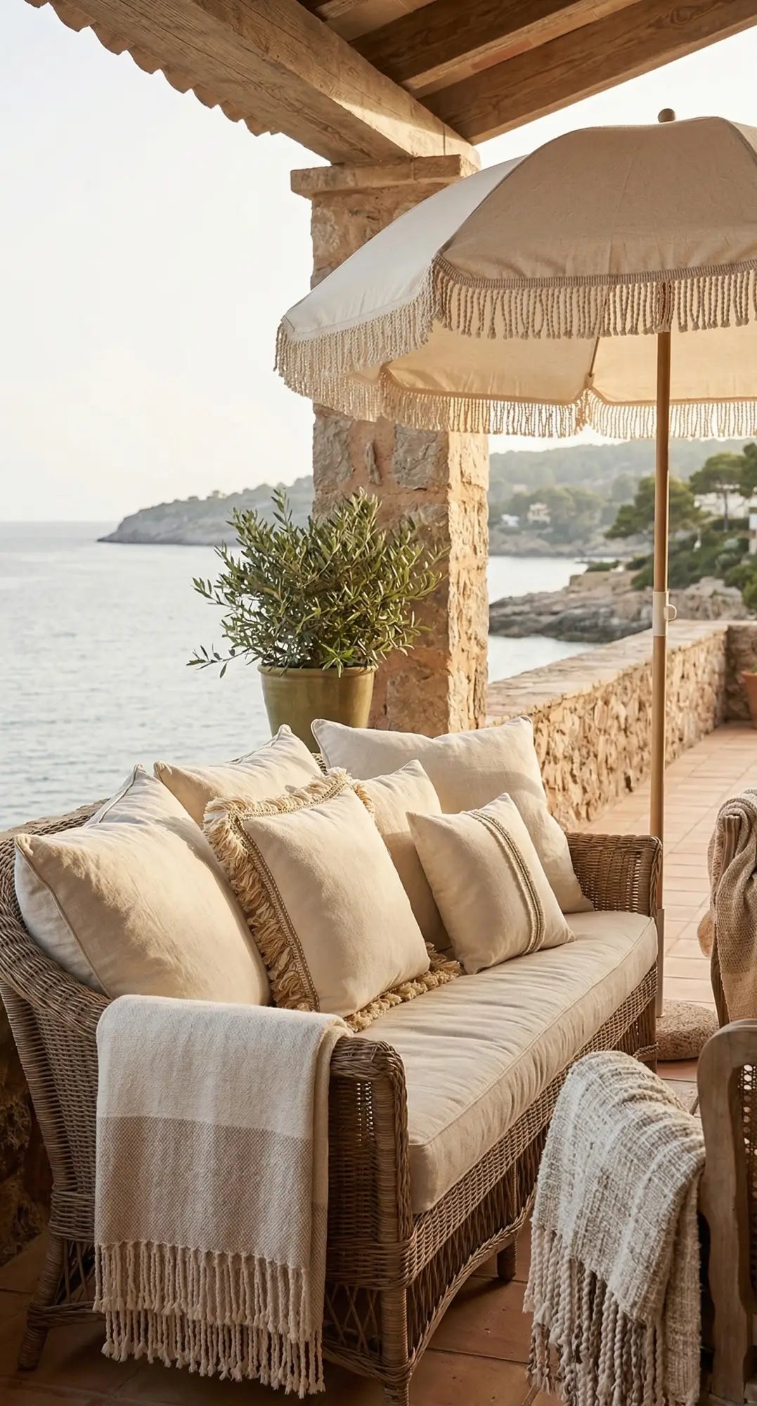 Espaço exterior decorado com sofá de vime, almofadas em tons naturais, franjas e passamanarias têxteis, com vista para o mar ao fundo — estética boho-luxe