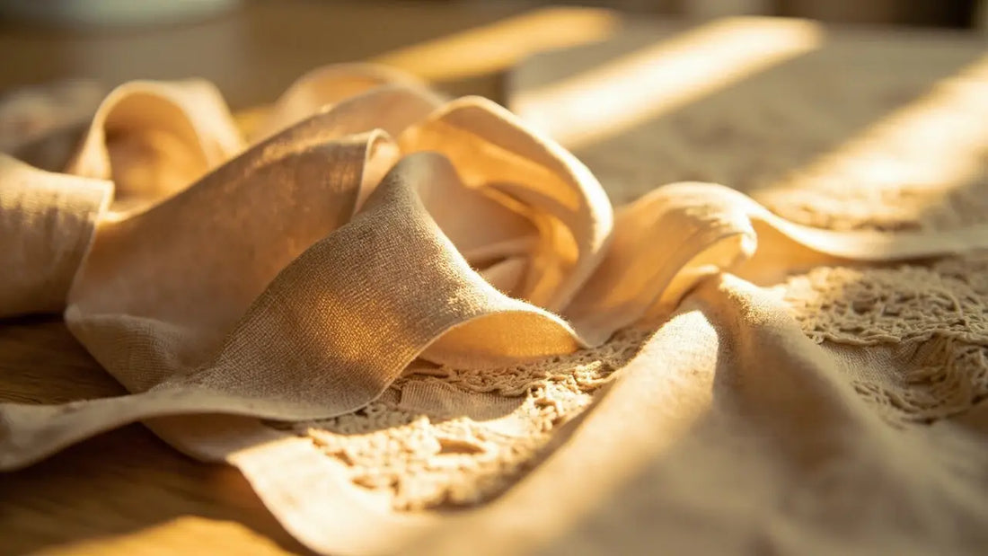 handcrafted textile trims elegantly displayed on a sunlit wooden table, warm and inviting