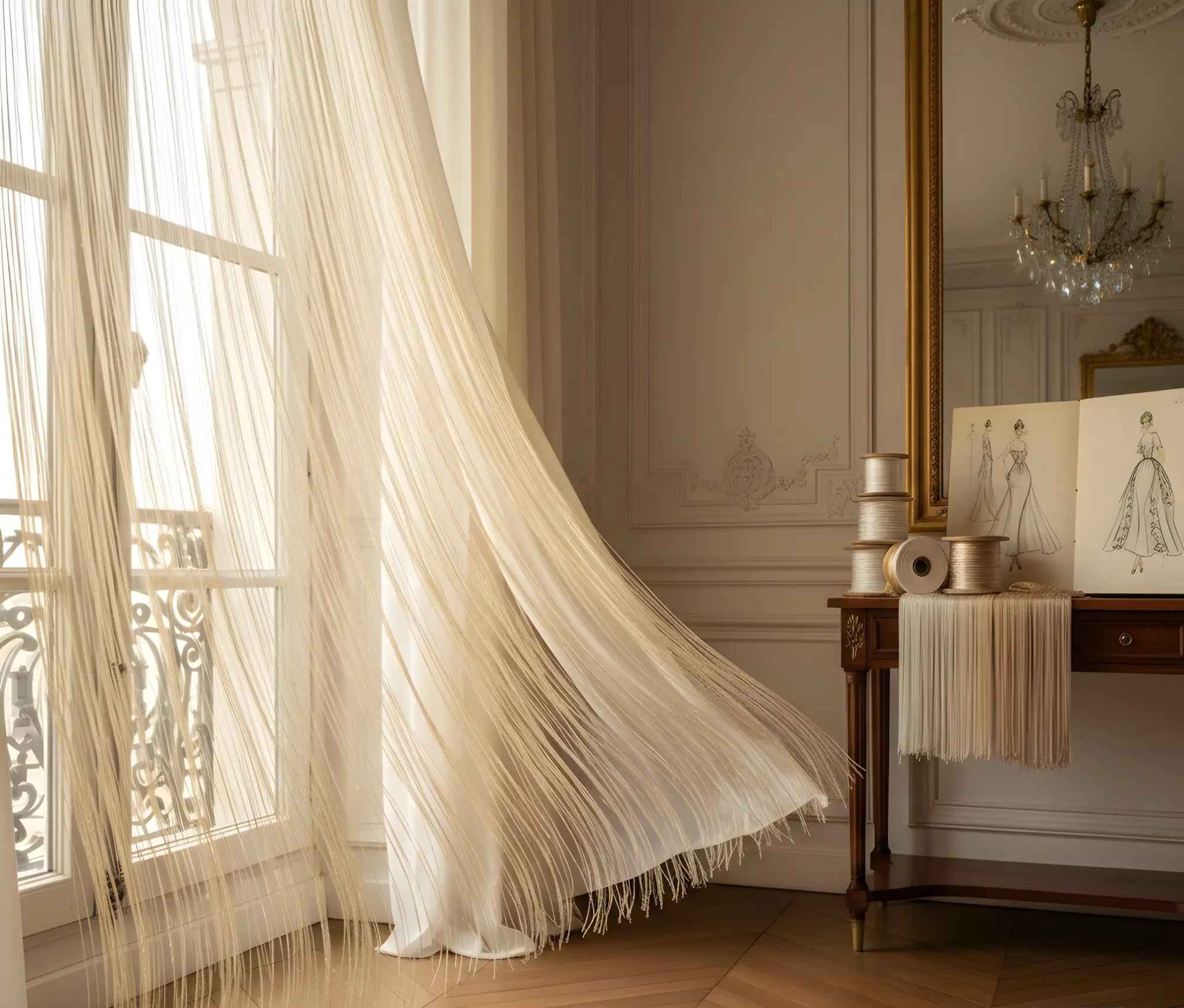 Cortina de franjas creme transparente com fios verticais delicados e caimento fluido da coleção filamento fios de luz