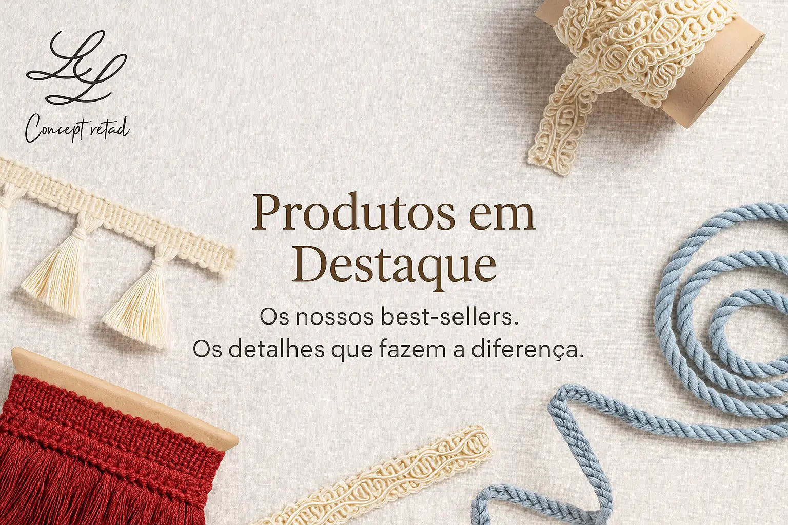 Cream lace trim with delicate floral patterns and tassel ends featured in produtos em destaque collection