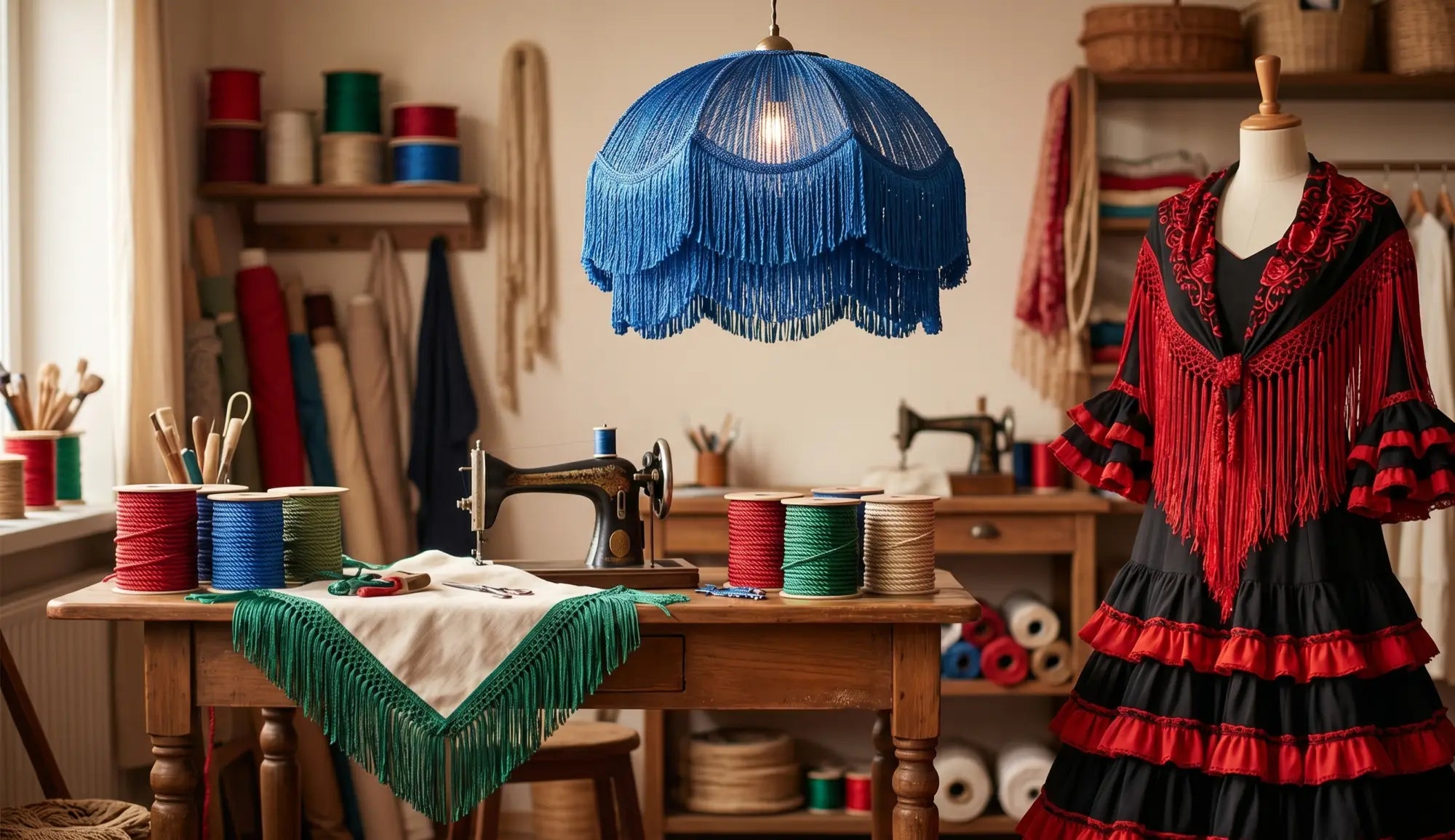Uma lâmpada pendente azul vibrante com franjas em camada rufada sobre a mesa de costura na coleção Rayon