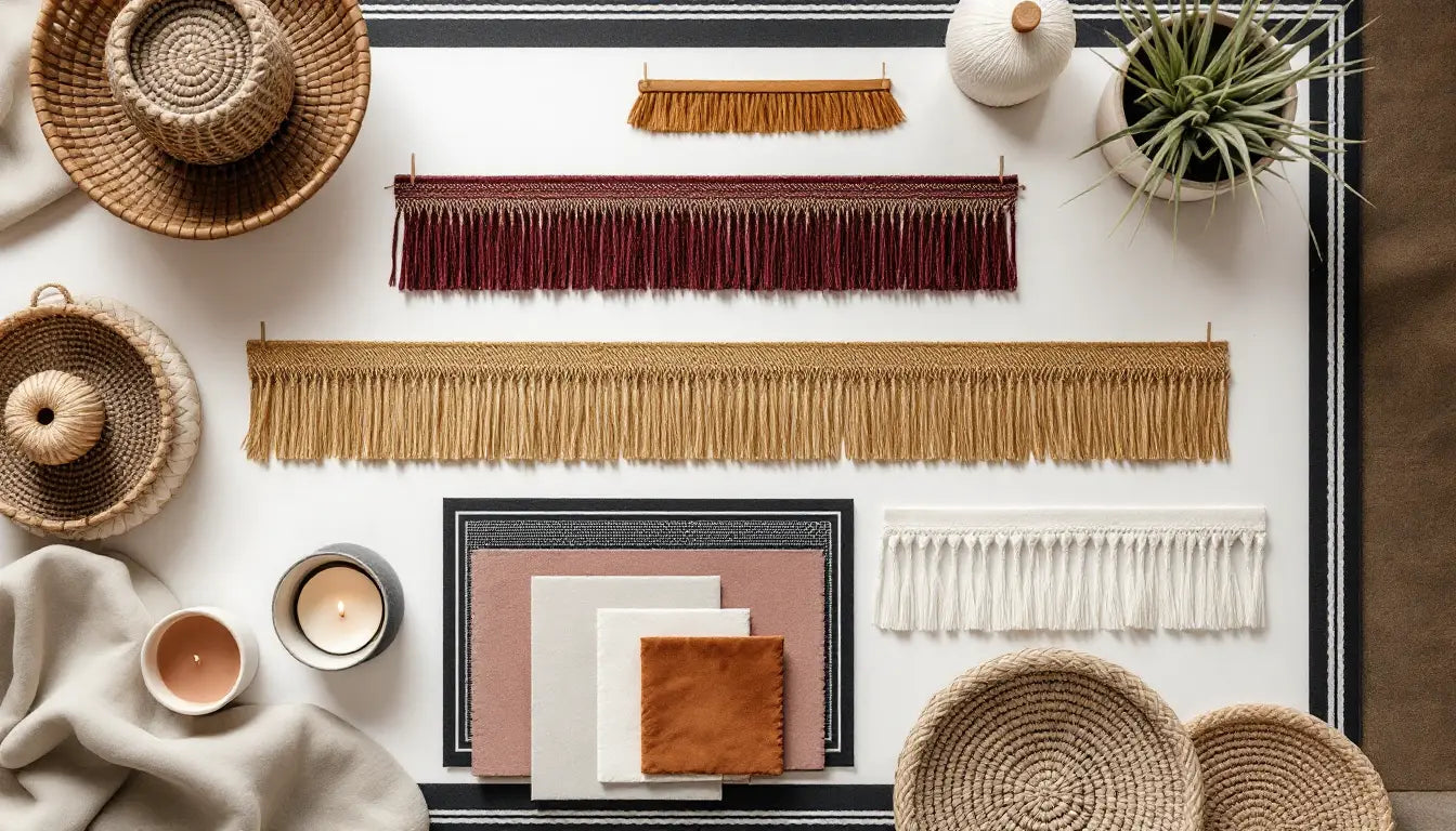 Designer mood board with LL Concept Retail textile trims and home décor accessories