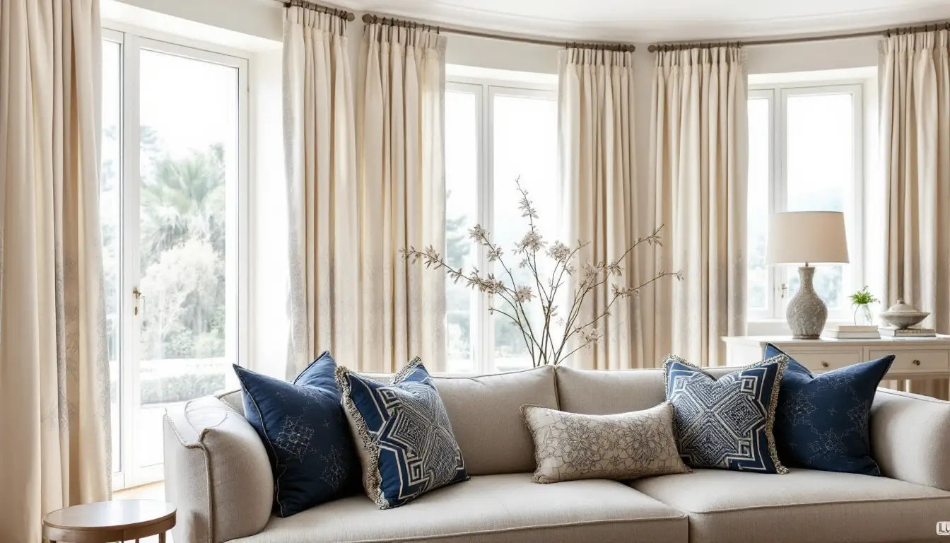 Elegant living room with LL Concept Retail textile trims on curtains and cushions