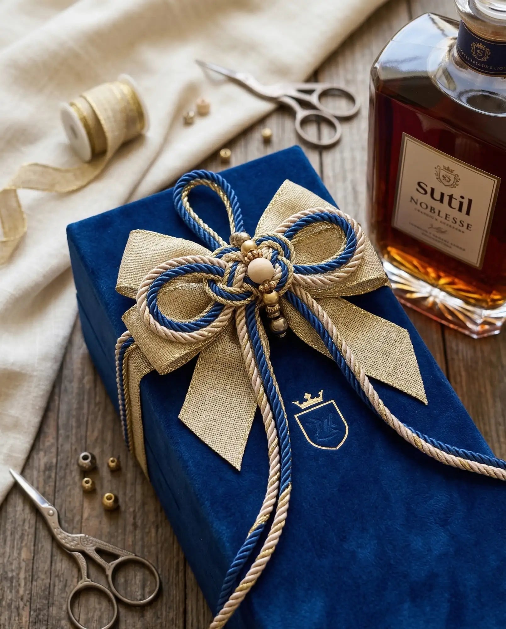 Caixa de oferta em veludo azul profundo adornada com um laço de cordão trançado em azul-marinho e bege, com detalhes de pérolas em tom dourado.