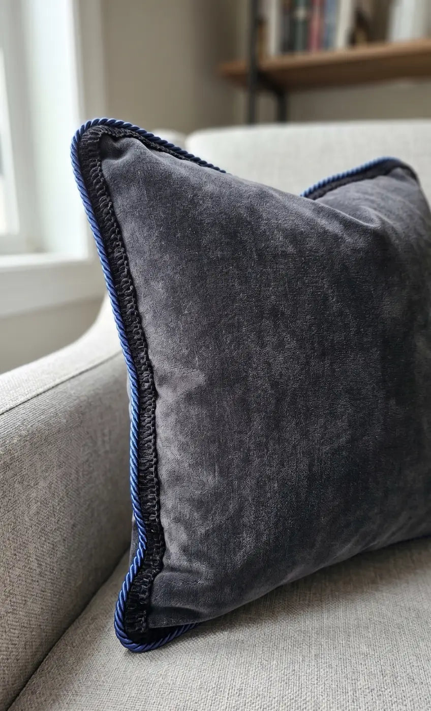 Cordão de algodão preto com vivo azul, em detalhe sobre tecido claro, numa almofada