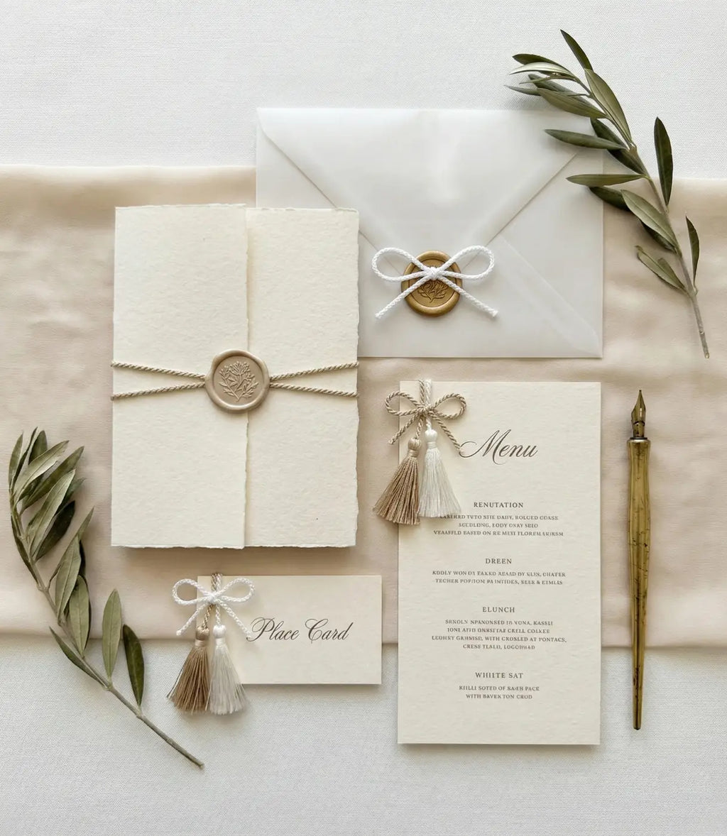 Elegante convite de casamento cordão fio de luz filamento 100 branco natural com brilho acetinado e selo de cera dourado