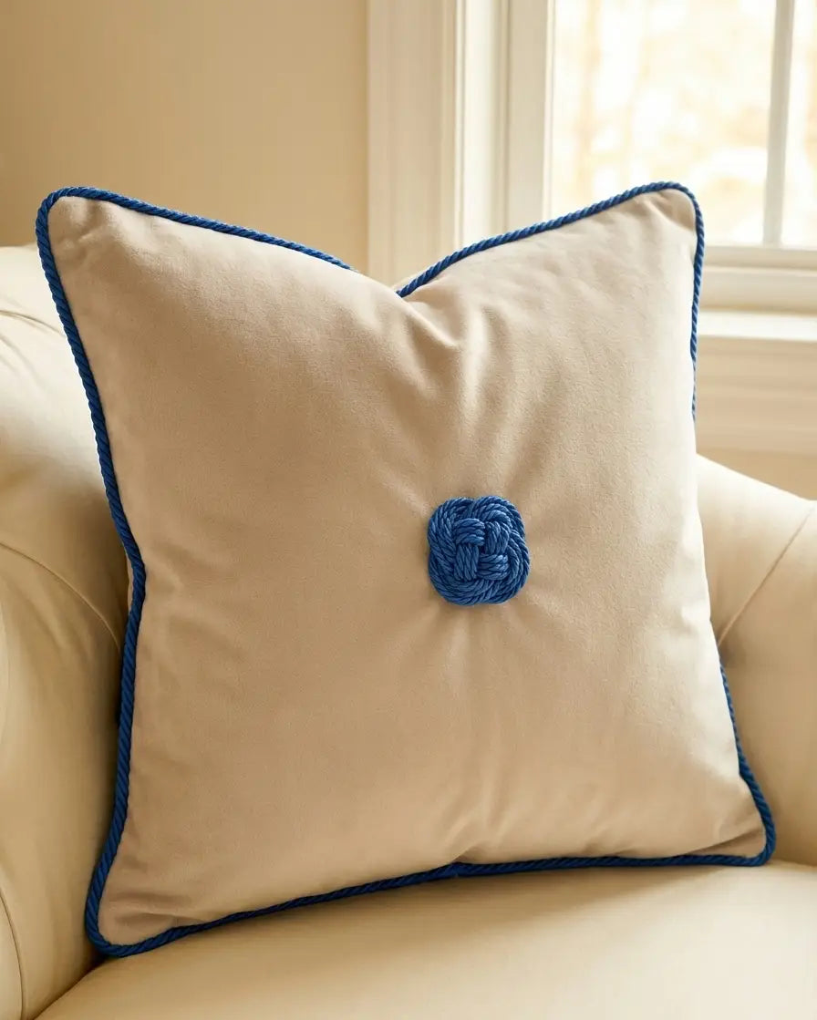 Beige velvet throw pillow with navy blue cordão marquis rayon viscose 3mm rope trim and knotted accent by l&l