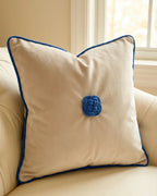 Beige velvet throw pillow with navy blue cordão marquis rayon viscose 3mm rope trim and knotted accent by l&l