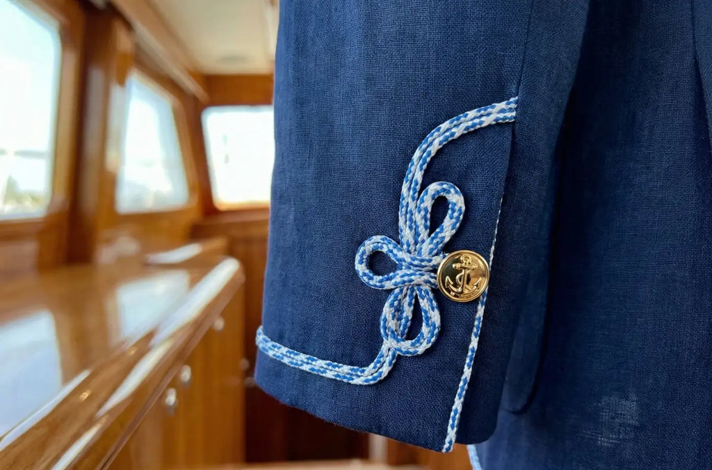 Manga de casaco de linho azul marinho com cordão regata bicolor azul e branco ligado a botão de âncora dourado l&l