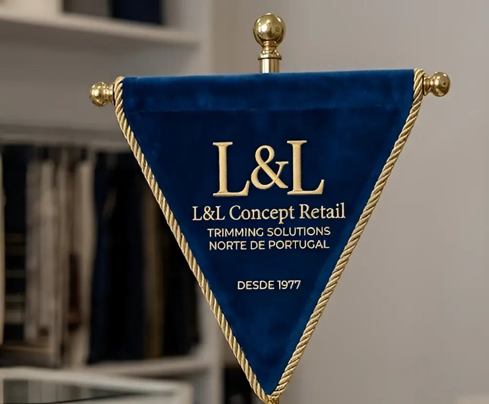 Bandeira triangular azul marinho em veludo com bordado dourado e cordão versalhes lurex premium 5mm brilho dourado