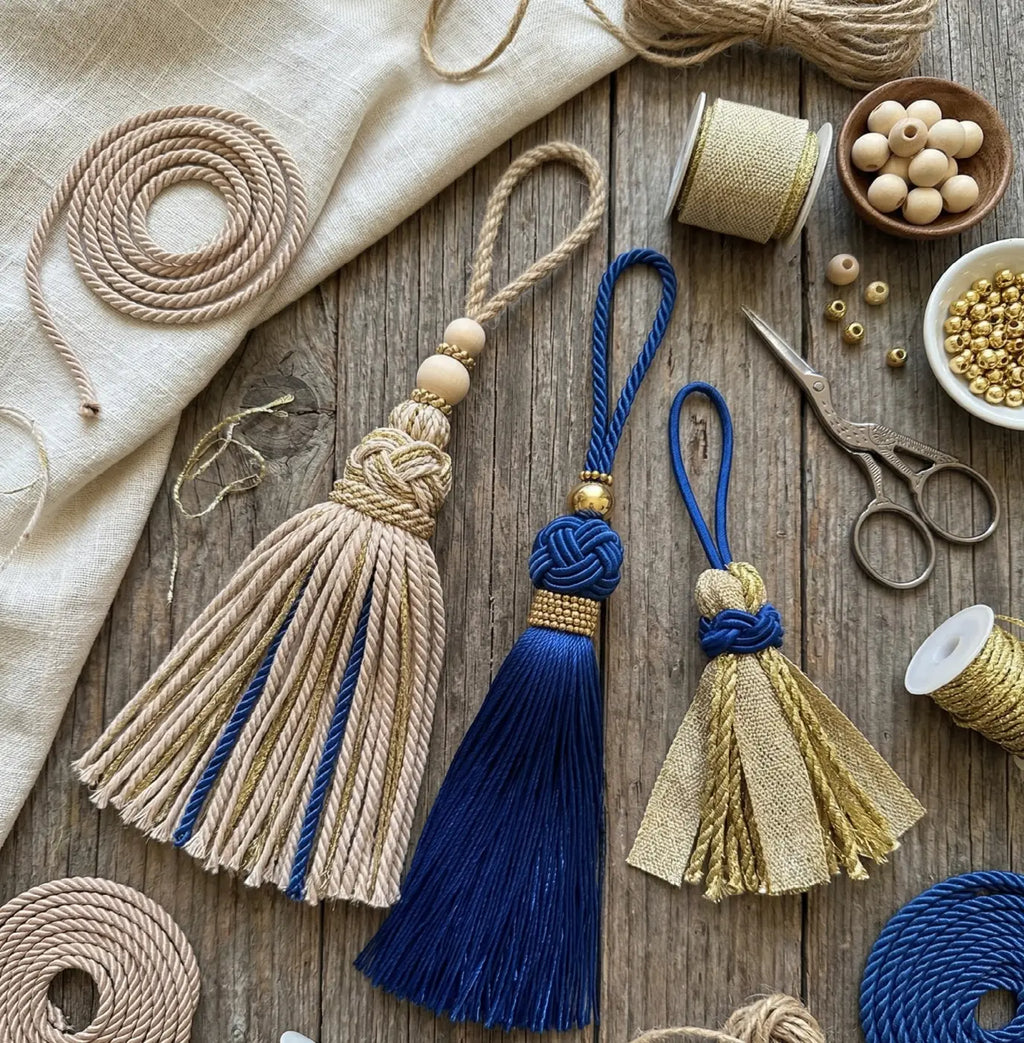 Três tassels artesanais em cordão versalhes lurex premium com brilho dourado em tons bege, azul e dourado juta