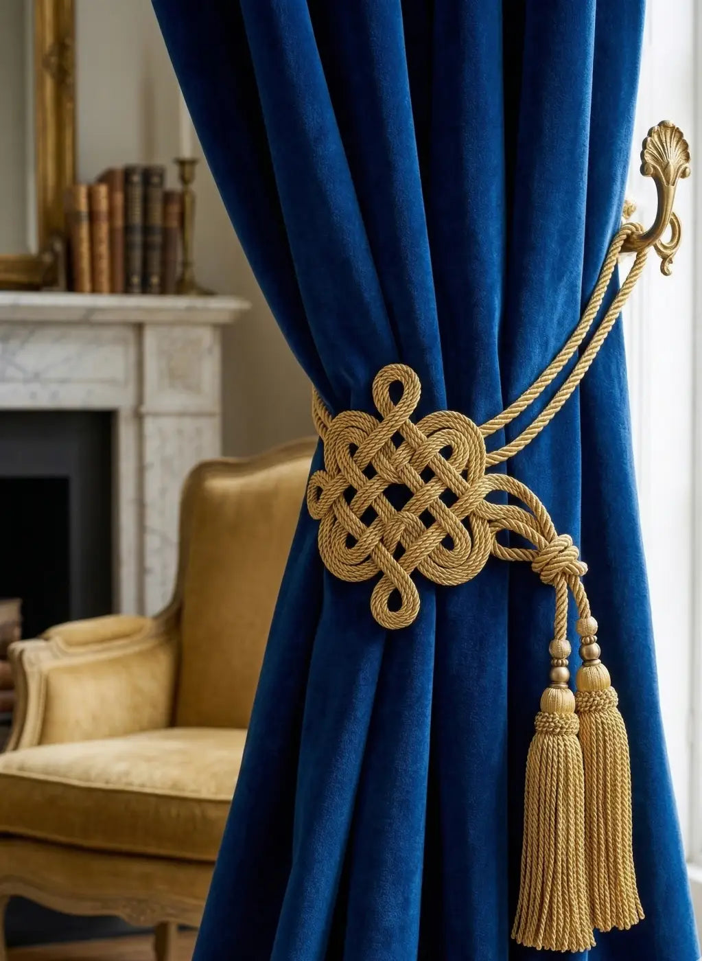 Cordão versalhes lurex dourado 5mm com brilho dourado, nó intricado e tassel para cortinas elegantes