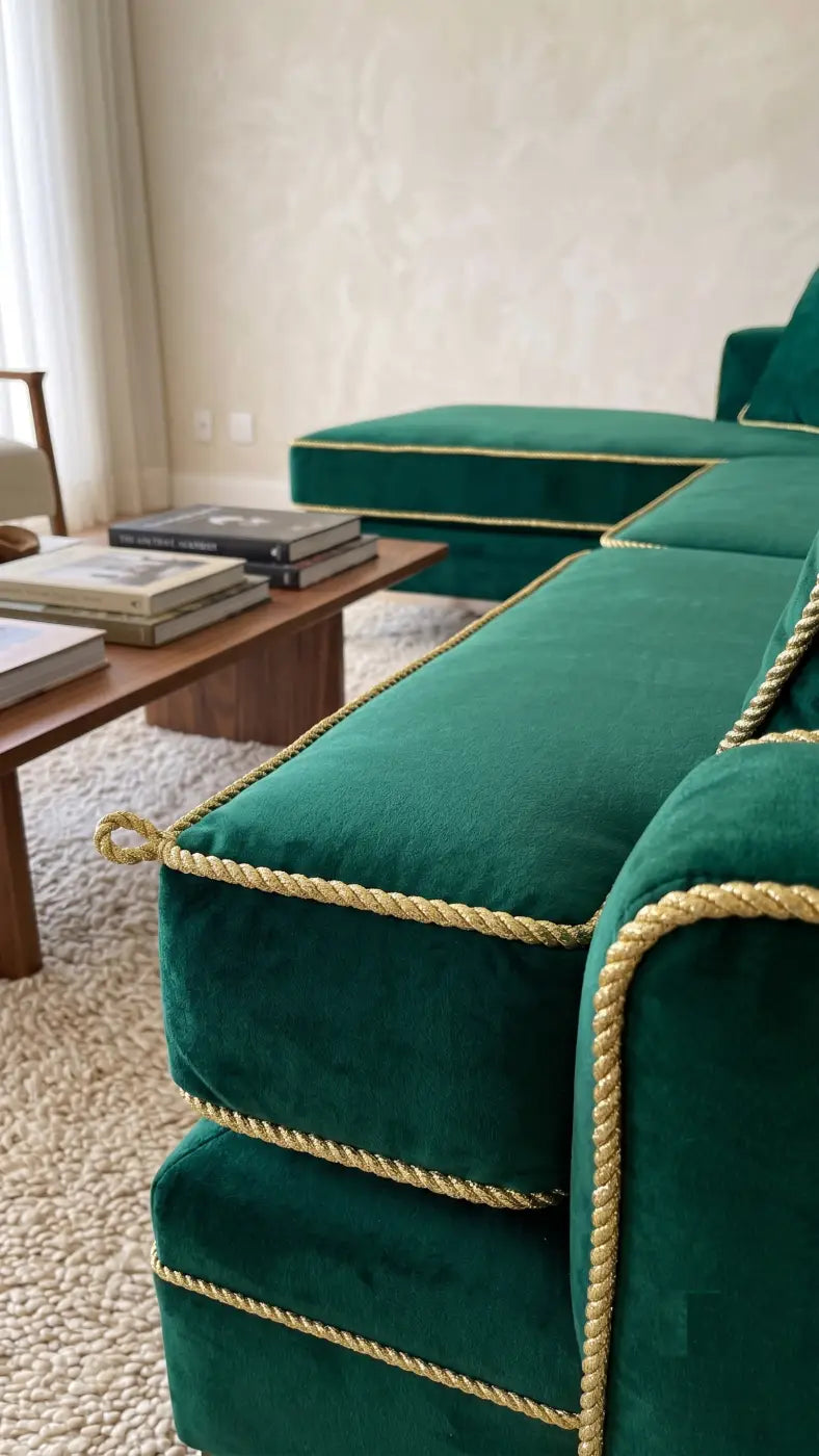 Sofá modular em veludo verde esmeralda com cordão versalhes em lurex dourado 5mm e brilho dourado premium