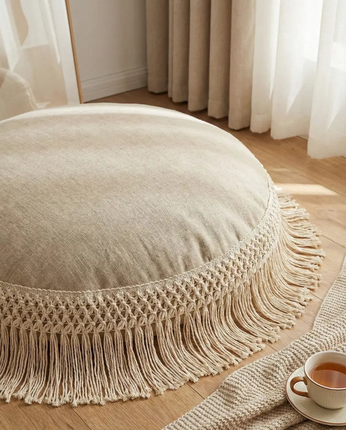 Beige franja alhambra macramé pouf de algodão puro com tecido linho suave e texturizado da l&l