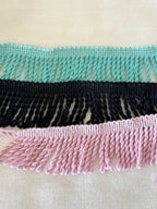 Franja atlântica algodão puro 50mm com franjas torcidas em verde menta, preto e rosa