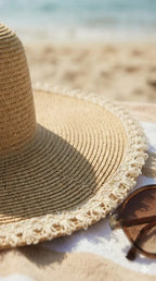 Wide brimmed straw sun hat with frayed edge made from algodão 100% 25mm featuring bordado filigrana l&l