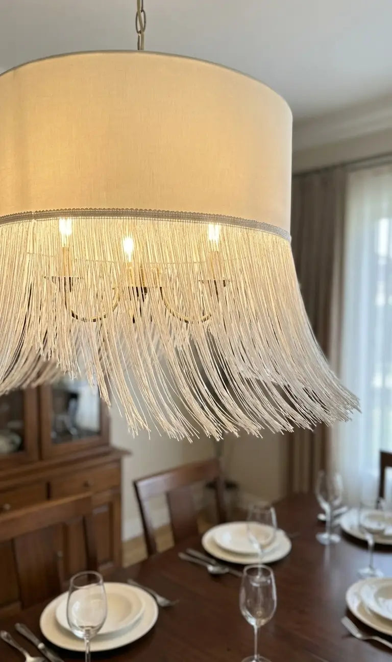 Franja gatsby rayon pendente creme em forma de tambor com franjas brancas em seda fluida elegante