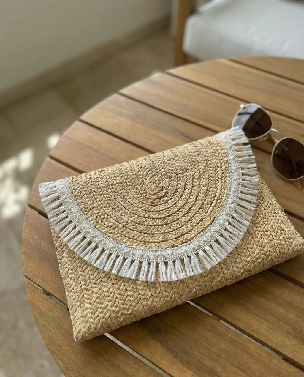 Beige clutch de palha franja grinalda com brilho perolado e franja branca l&l filamento 30mm