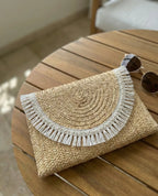 Beige clutch de palha franja grinalda com brilho perolado e franja branca l&l filamento 30mm
