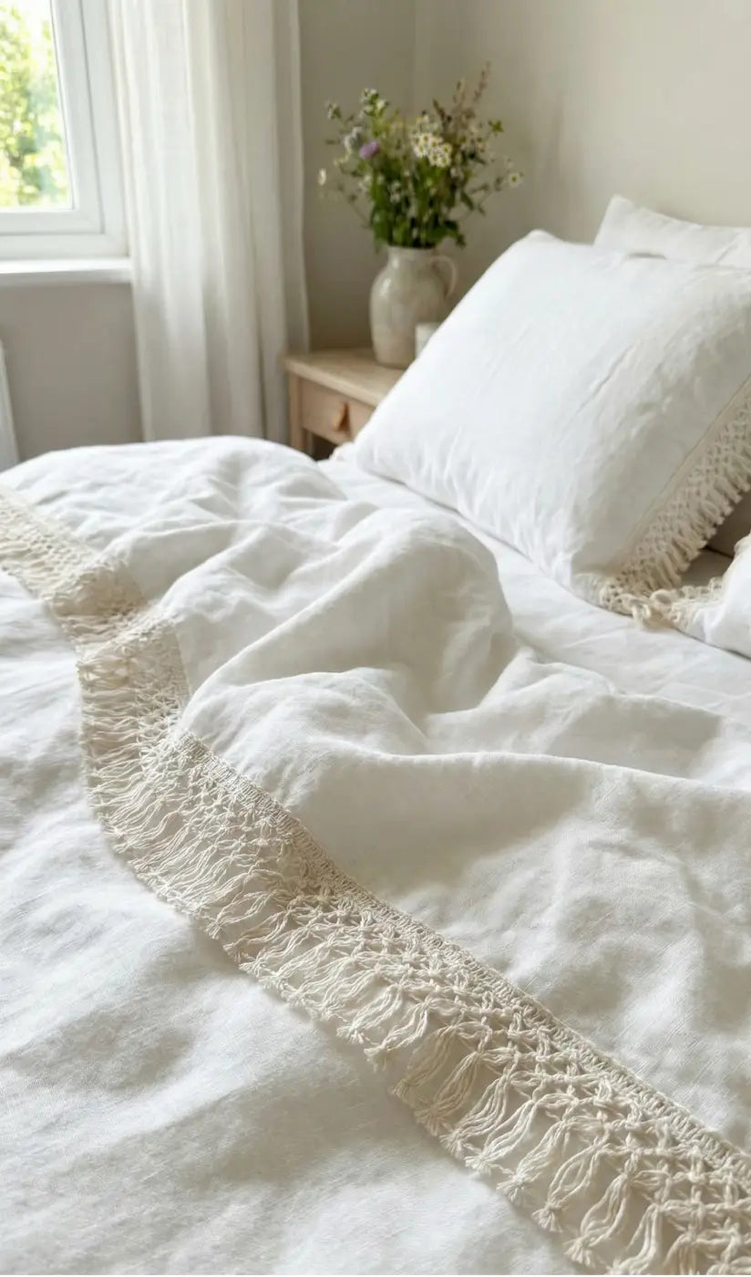 Capa de edredão em linho branco com franjas macramé creme delicadas franja herança natural algodão 80% 85mm