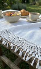 Branco franja herança natural corredor de mesa em algodão 80% com franjas delicadas e borda texturada
