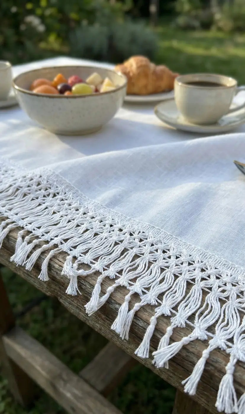 Branco franja herança natural corredor de mesa em algodão 80% com franjas delicadas e borda texturada
