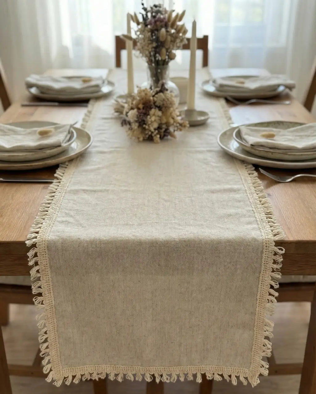Beige linen table runner with delicate cream crochet fringe on all edges made of 100 percent natural cotton linha pura l&l