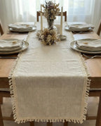 Beige linen table runner with delicate cream crochet fringe on all edges made of 100 percent natural cotton linha pura l&l