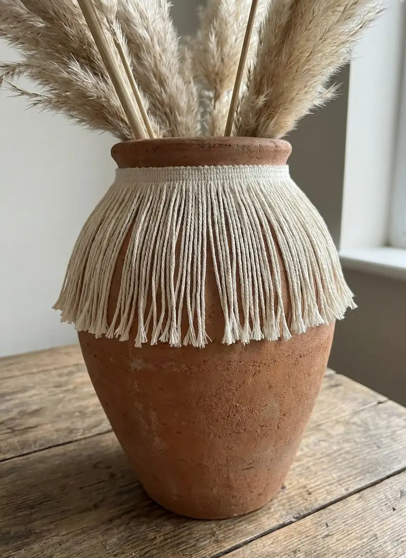 Terracotta vase with cream-colored franja liseré macrame fringe made of algodão puro showcasing textura rica