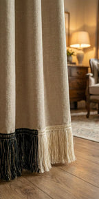 Beige cortina de linho com franjas franja nocturne étoilé em algodão e lurex preto e creme 50mm