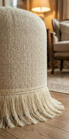 Beige ottoman em tecido tecido franja nocturne étoilé algodão e lurex com acabamento em franjas decorativas