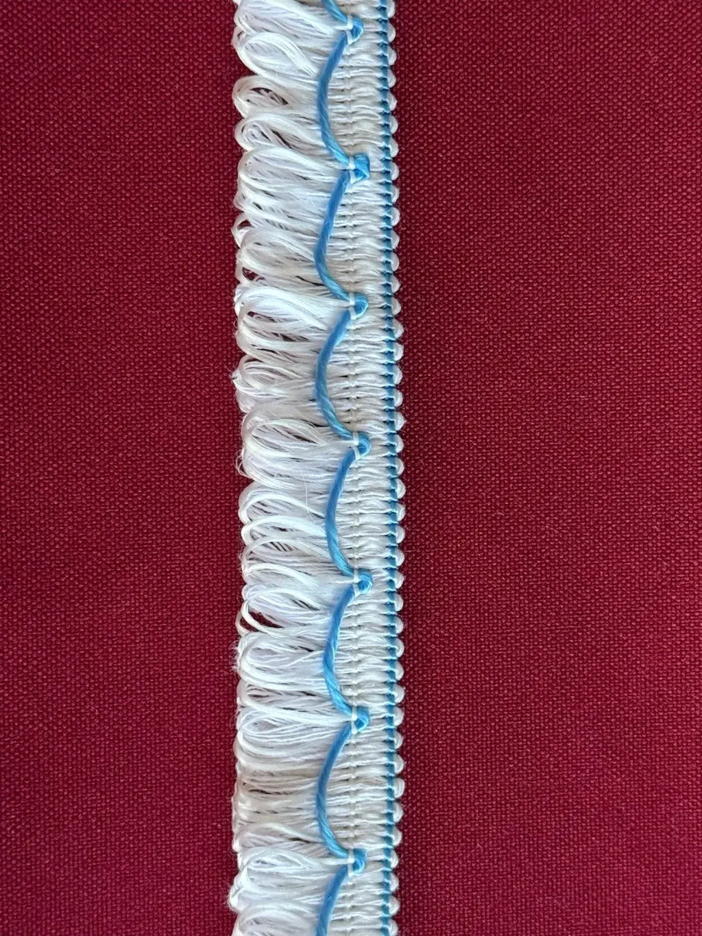 Franja onda de cor algodão e filamento 20mm com delicada franja branca e costura azul em zigzag l&l