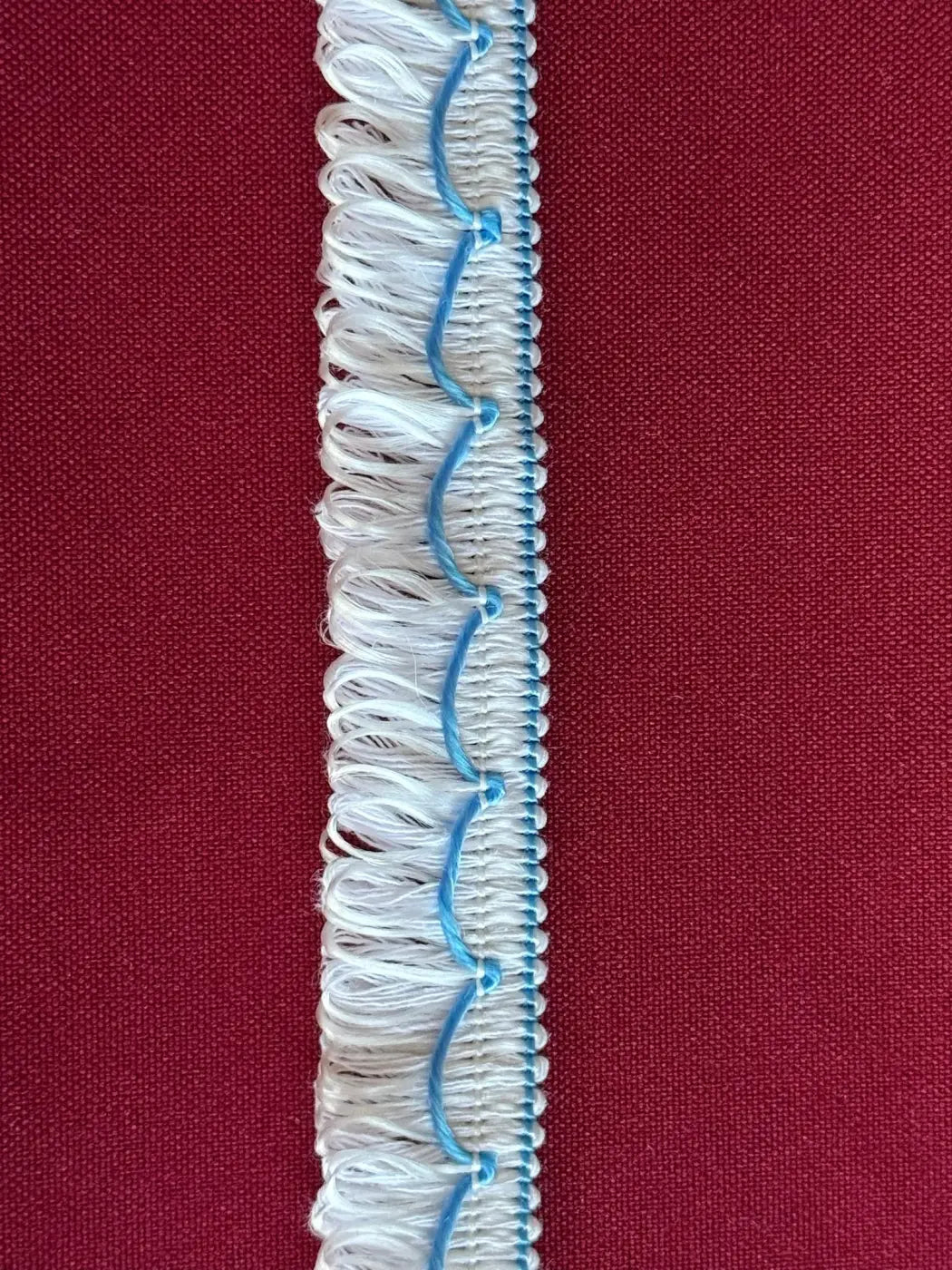 Franja onda de cor algodão e filamento 20mm com delicada franja branca e costura azul em zigzag l&l