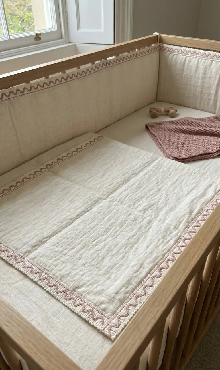 Beige franja onda de cor algodão e filamento 20mm colchão de berço acolchoado com delicada franja rosa zigzag l&l