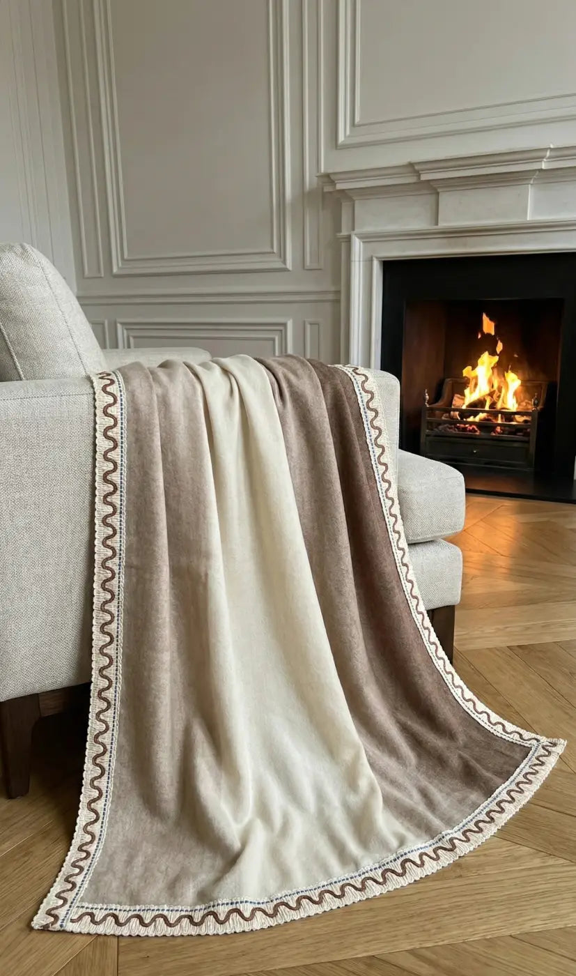 Soft two-toned beige and cream cotton franja onda throw blanket with delicada franja zigzag embroidery l&l