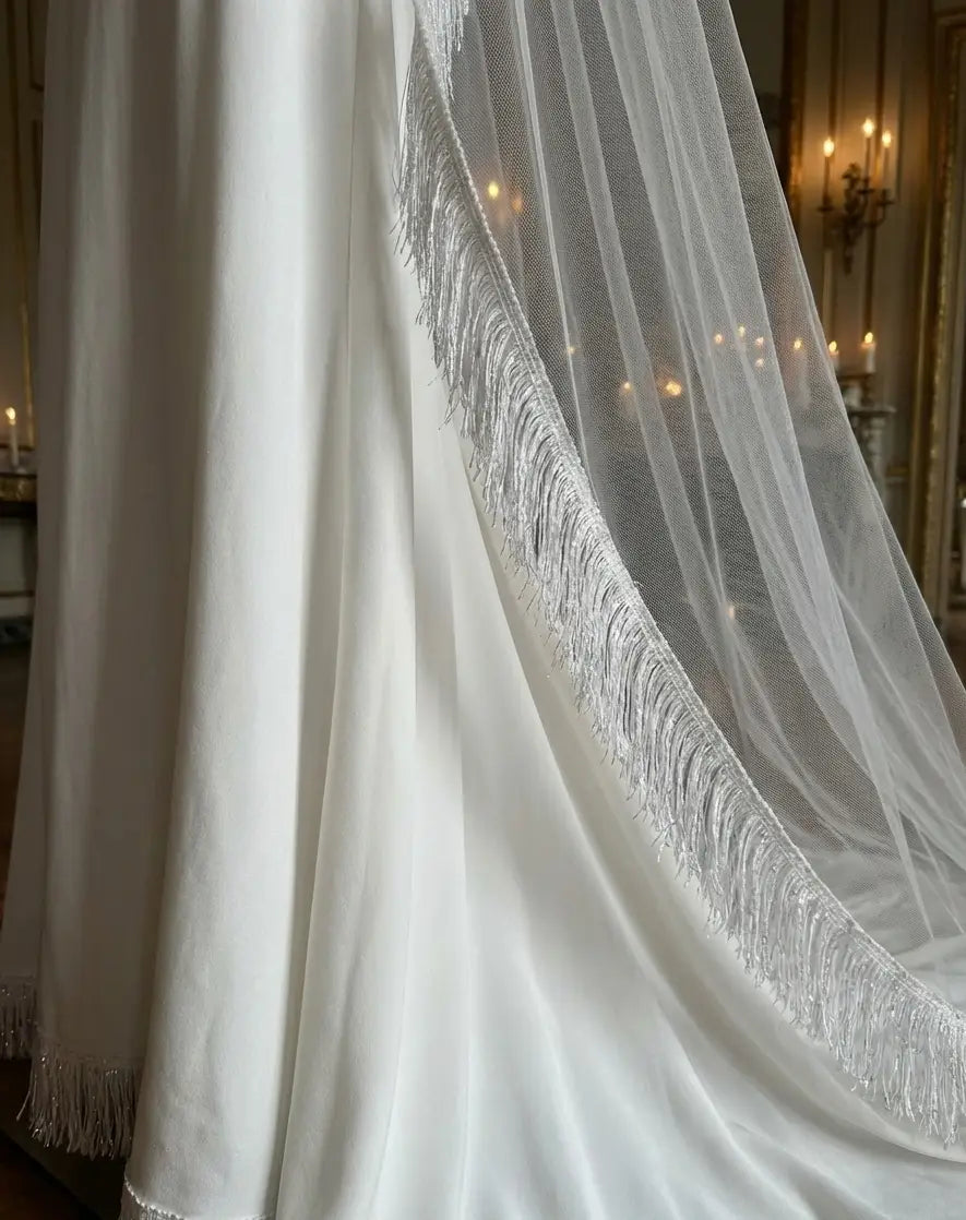 Vestido de noiva branco com franja pó de estrela em algodão natural e lurex 45mm com brilho subtil e algodão cru