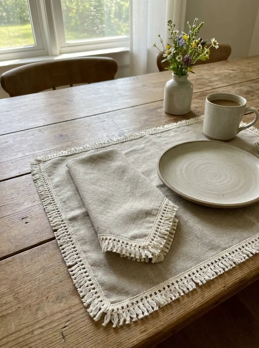 Beige linen placemat with cream-colored fringe detail made of algodão 100% natural with renda fina galão from l&l