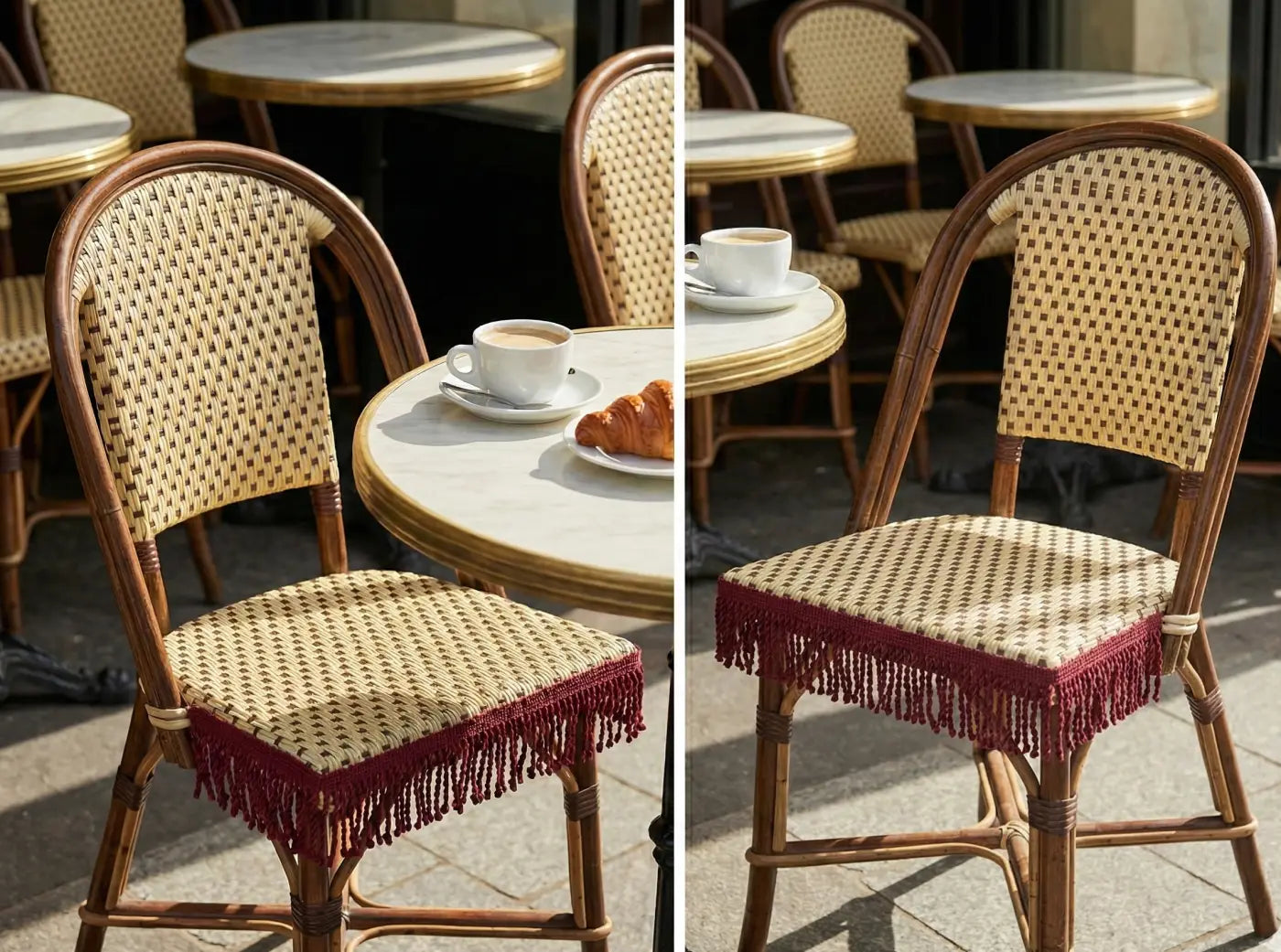 Cadeira de café clássica com encosto e assento em vime trançado e franja richelieu vermelha com brilho acetinado