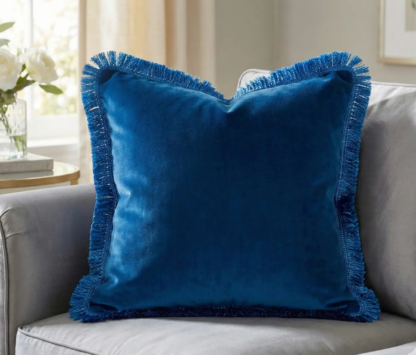 Almofada azul real em veludo franja salon com franja decorativa 50mm em seda técnica l&l