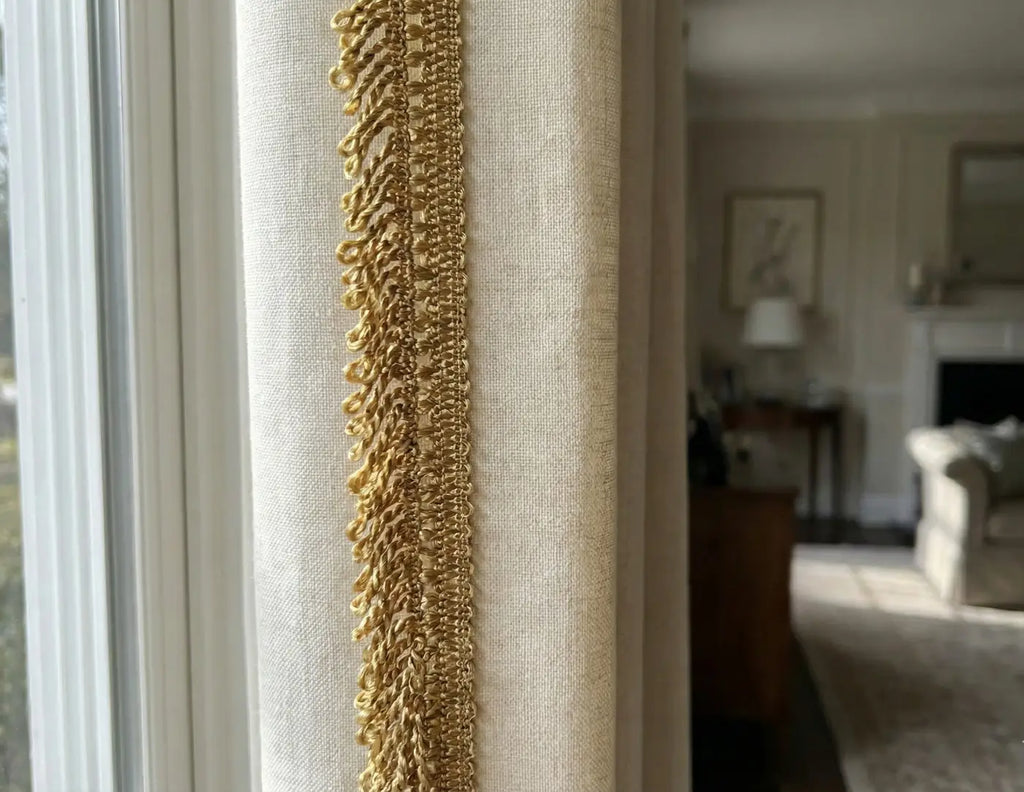 Beige cortina de linho com franja salon em franja dourada metalizada seda técnica l&l filamento 100 50mm