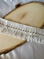 Franja terraza em algodão 80% natural branca com banda delicada e acabamento macramé texturizado l&l 50mm