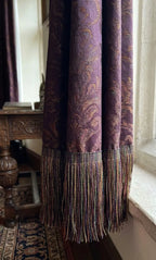 Elegantes cortinas damasco roxas profundas franja windsor com bordado floral dourado e franjas multicoloridas em rayon viscose cores ricas