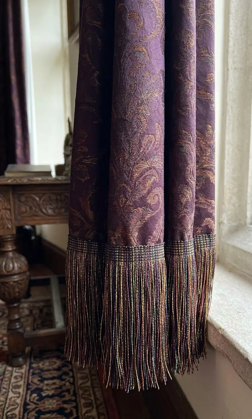 Elegantes cortinas damasco roxas profundas franja windsor com bordado floral dourado e franjas multicoloridas em rayon viscose cores ricas
