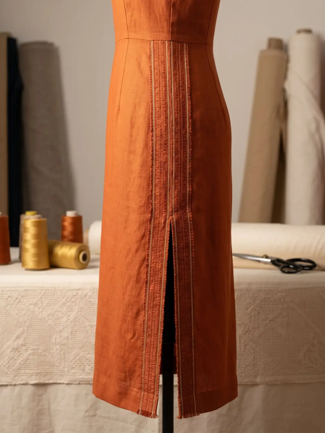 Vestido midi estruturado em linho rust-orange com pregas verticais no centro galão riviera l&l algodão