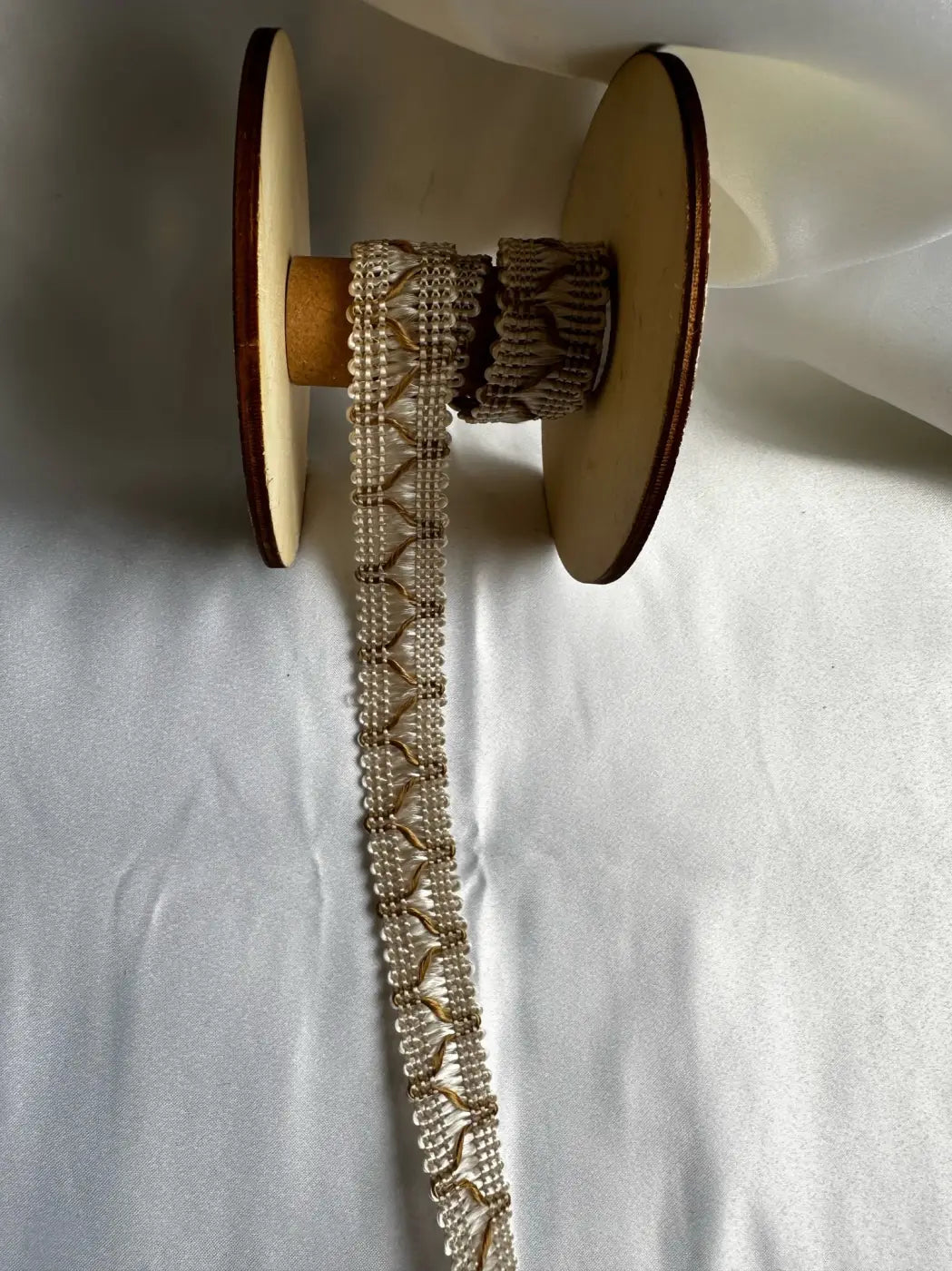 Beige galão ducale com brilho metálico e alma estrutural em renda de contas delicada com padrão repetido