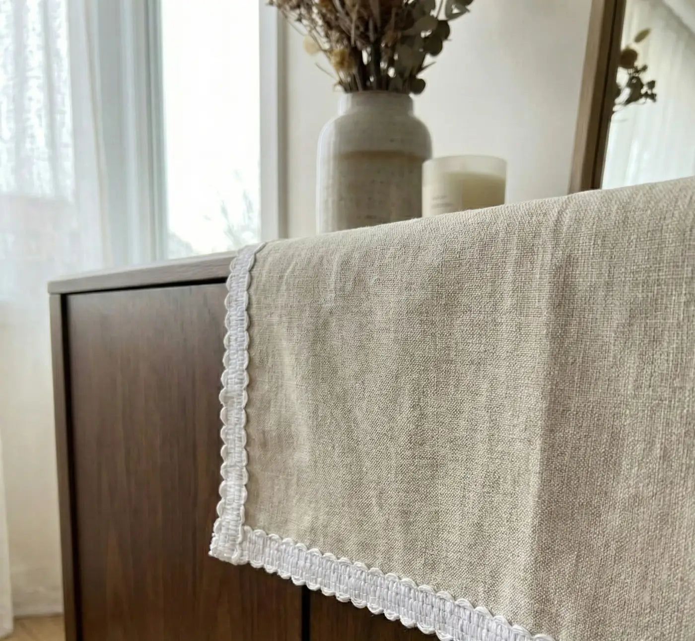 Beige galão picot algodão cru 100% natural com renda branca em l&l para decoração de mesa