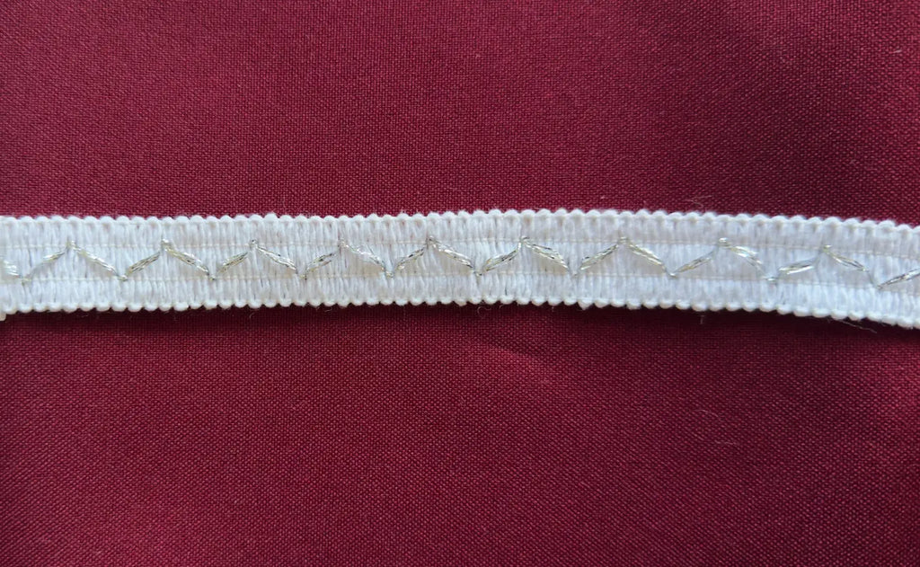 White elastic galão ponto com padrão de zigzag em lurex prateado e algodão 15mm l&l