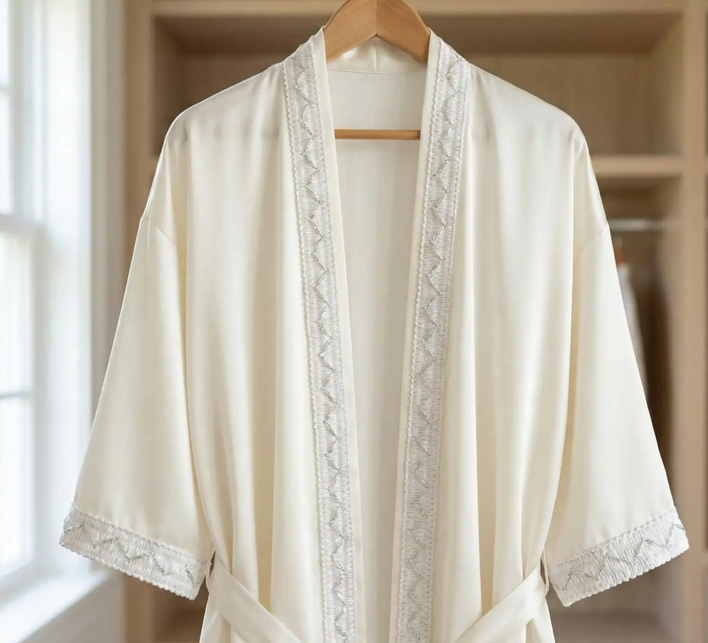 Robe de seda ivoriada com galão ponto de prata lurex prateado 15mm l&l nas aberturas e punhos