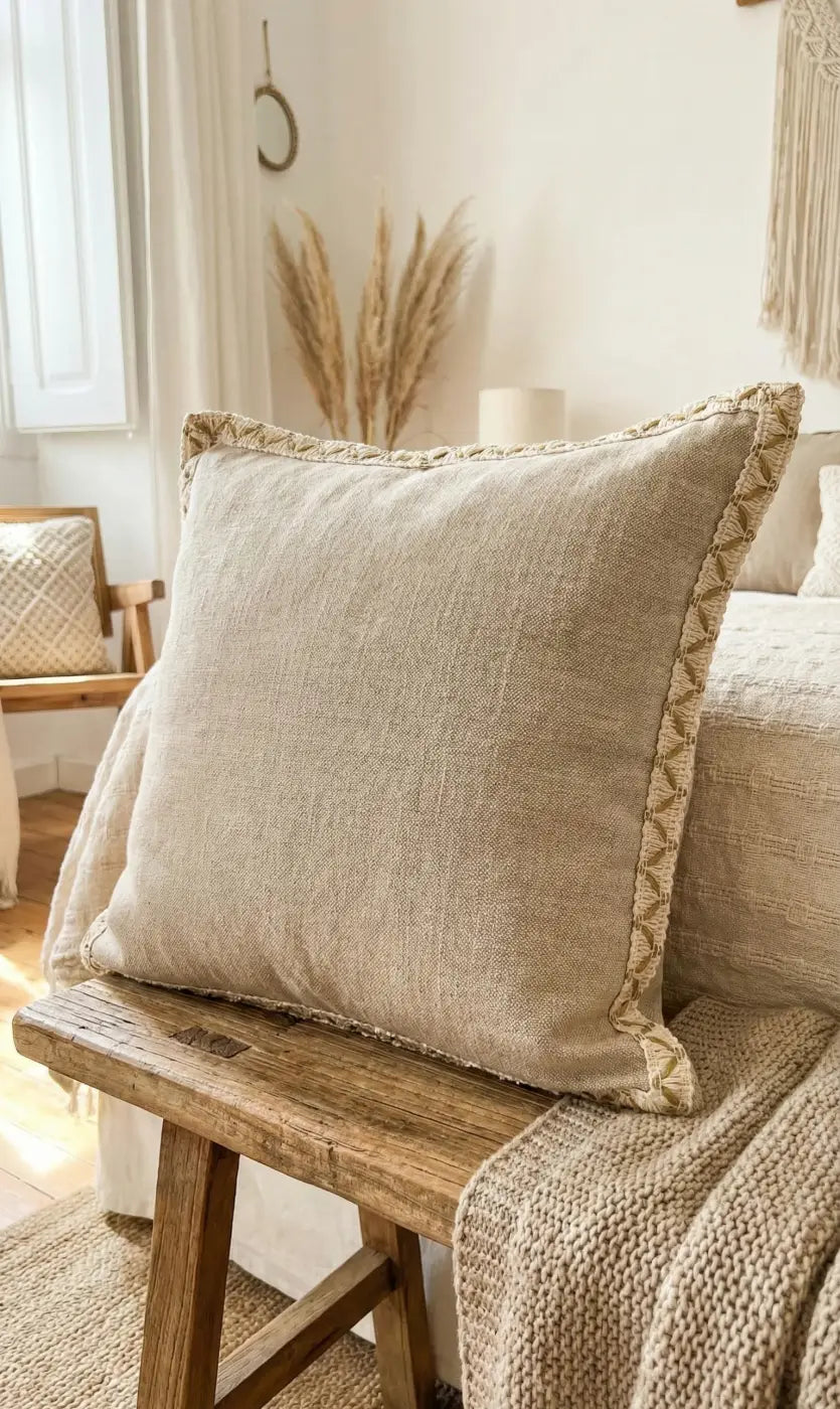 Beige galão provençal algodão puro almofada de linho com galão trançado de 15mm da l&l