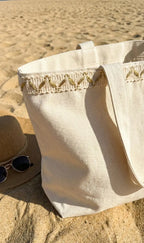 Cream-colored canvas tote bag with delicate olive-green galão provençal trim algodão puro by l&l
